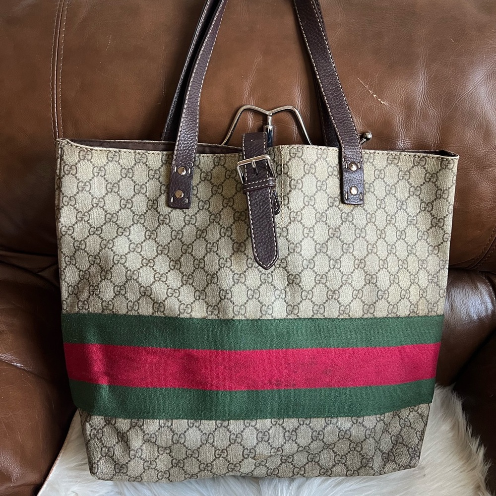 Gucci Monogram Tote with Red and Green Stripe